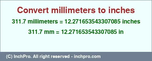 311.7 millimeters to inches is equal to 12.271653543307085 (in) Result converting 311.7 millimeters to inches = 12.271653543307085 inches