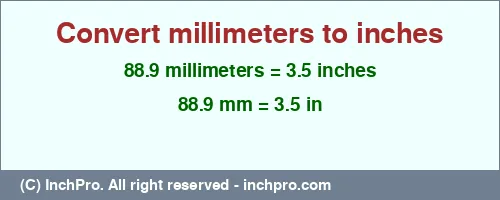 88.9 millimeters to inches is equal to 3.5 (in) Result converting 88.9 millimeters to inches = 3.5 inches