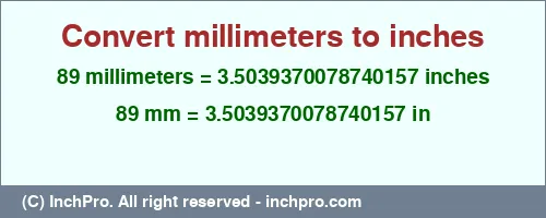 Result converting 89 millimeters to inches = 3.5039370078740157 inches