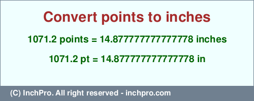 Result converting 1071.2 points to inches = 14.877777777777778 inches