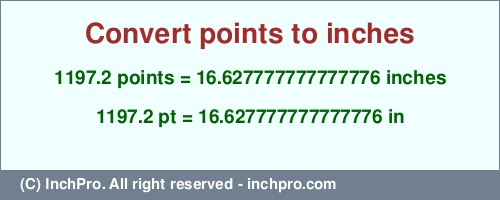 Result converting 1197.2 points to inches = 16.627777777777776 inches