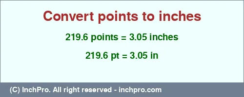 219.6 points to inches is equal to 3.05 (in) Result converting 219.6 points to inches = 3.05 inches
