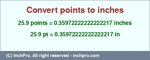 Result converting 25.9 points to inches = 0.35972222222222217 inches