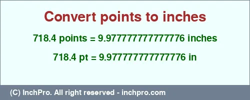 718.4 points to inches is equal to 9.977777777777776 (in) Result converting 718.4 points to inches = 9.977777777777776 inches