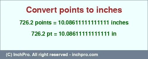 726.2 points to inches is equal to 10.08611111111111 (in) Result converting 726.2 points to inches = 10.08611111111111 inches