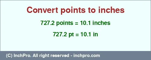 727.2 points to inches is equal to 10.1 (in) Result converting 727.2 points to inches = 10.1 inches
