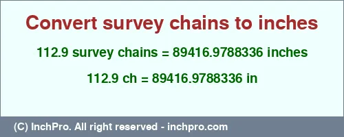 112.9 survey chains to inches is equal to 89416.9788336 (in) Result converting 112.9 survey chains to inches = 89416.9788336 inches