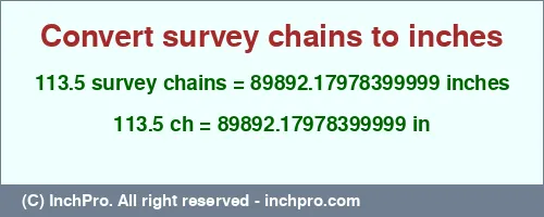 113.5 survey chains to inches is equal to 89892.17978399999 (in) Result converting 113.5 survey chains to inches = 89892.17978399999 inches