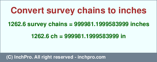 Result converting 1262.6 survey chains to inches = 999981.1999583999 inches