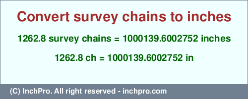 Result converting 1262.8 survey chains to inches = 1000139.6002752 inches