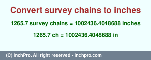 Result converting 1265.7 survey chains to inches = 1002436.4048688 inches