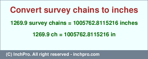 Result converting 1269.9 survey chains to inches = 1005762.8115216 inches