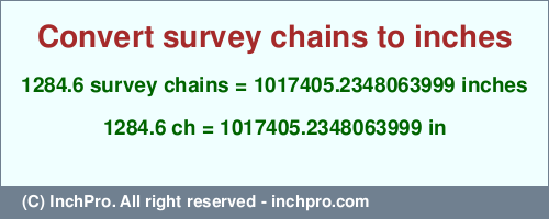 1284.6 survey chains to inches is equal to 1017405.2348063999 (in) Result converting 1284.6 survey chains to inches = 1017405.2348063999 inches