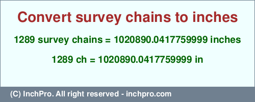 Result converting 1289 survey chains to inches = 1020890.0417759999 inches