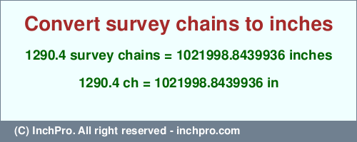 1290.4 survey chains to inches is equal to 1021998.8439936 (in) Result converting 1290.4 survey chains to inches = 1021998.8439936 inches