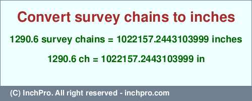 1290.6 survey chains to inches is equal to 1022157.2443103999 (in) Result converting 1290.6 survey chains to inches = 1022157.2443103999 inches