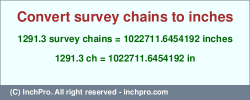 1291.3 survey chains to inches is equal to 1022711.6454192 (in) Result converting 1291.3 survey chains to inches = 1022711.6454192 inches