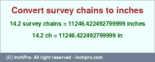 14.2 survey chains to inches is equal to 11246.422492799999 (in) Result converting 14.2 survey chains to inches = 11246.422492799999 inches