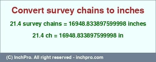 21.4 survey chains to inches is equal to 16948.833897599998 (in) Result converting 21.4 survey chains to inches = 16948.833897599998 inches