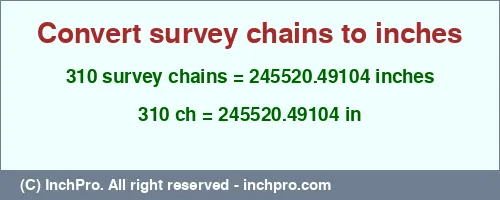 310 survey chains to inches is equal to 245520.49104 (in) Result converting 310 survey chains to inches = 245520.49104 inches