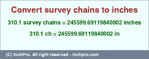 310.1 survey chains to inches is equal to 245599.69119840002 (in) Result converting 310.1 survey chains to inches = 245599.69119840002 inches