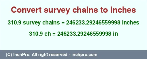 310.9 survey chains to inches is equal to 246233.29246559998 (in) Result converting 310.9 survey chains to inches = 246233.29246559998 inches
