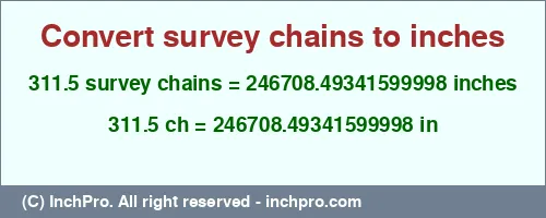 311.5 survey chains to inches is equal to 246708.49341599998 (in) Result converting 311.5 survey chains to inches = 246708.49341599998 inches
