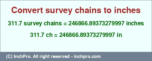 311.7 survey chains to inches is equal to 246866.89373279997 (in) Result converting 311.7 survey chains to inches = 246866.89373279997 inches