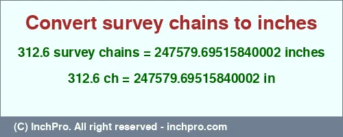 Result converting 312.6 survey chains to inches = 247579.69515840002 inches