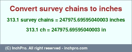 313.1 survey chains to inches is equal to 247975.69595040003 (in) Result converting 313.1 survey chains to inches = 247975.69595040003 inches