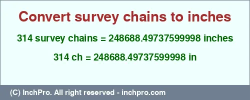 314 survey chains to inches is equal to 248688.49737599998 (in) Result converting 314 survey chains to inches = 248688.49737599998 inches