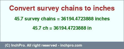 45.7 survey chains to inches is equal to 36194.4723888 (in) Result converting 45.7 survey chains to inches = 36194.4723888 inches