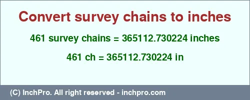 461 survey chains to inches is equal to 365112.730224 (in) Result converting 461 survey chains to inches = 365112.730224 inches