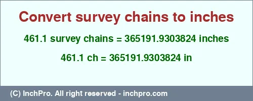 Result converting 461.1 survey chains to inches = 365191.9303824 inches