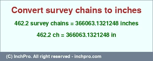 462.2 survey chains to inches is equal to 366063.1321248 (in) Result converting 462.2 survey chains to inches = 366063.1321248 inches