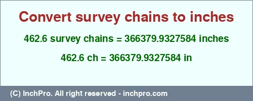 Result converting 462.6 survey chains to inches = 366379.9327584 inches