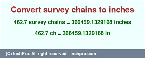 462.7 survey chains to inches is equal to 366459.1329168 (in) Result converting 462.7 survey chains to inches = 366459.1329168 inches