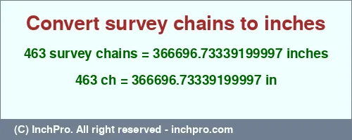 463 survey chains to inches is equal to 366696.73339199997 (in) Result converting 463 survey chains to inches = 366696.73339199997 inches