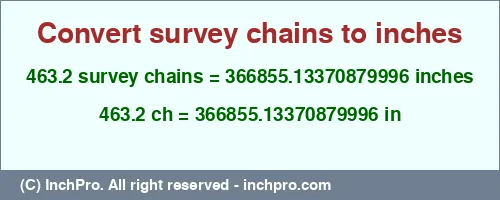 Result converting 463.2 survey chains to inches = 366855.13370879996 inches