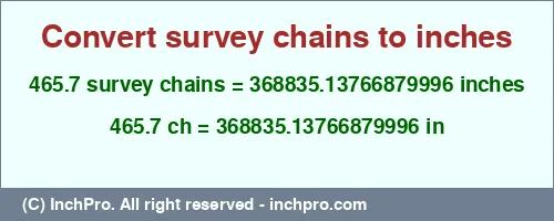 465.7 survey chains to inches is equal to 368835.13766879996 (in) Result converting 465.7 survey chains to inches = 368835.13766879996 inches