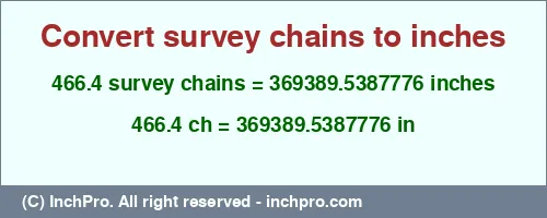 Result converting 466.4 survey chains to inches = 369389.5387776 inches