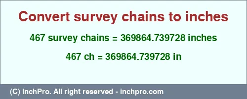467 survey chains to inches is equal to 369864.739728 (in) Result converting 467 survey chains to inches = 369864.739728 inches