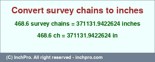 468.6 survey chains to inches is equal to 371131.9422624 (in) Result converting 468.6 survey chains to inches = 371131.9422624 inches