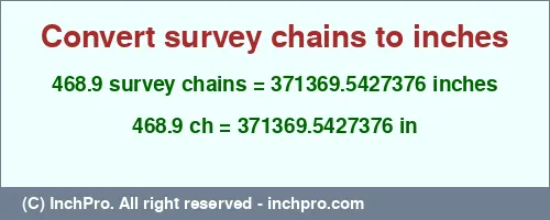 468.9 survey chains to inches is equal to 371369.5427376 (in) Result converting 468.9 survey chains to inches = 371369.5427376 inches