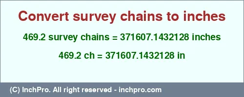 Result converting 469.2 survey chains to inches = 371607.1432128 inches