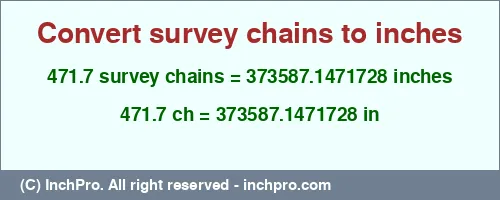 Result converting 471.7 survey chains to inches = 373587.1471728 inches
