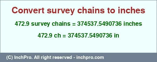 Result converting 472.9 survey chains to inches = 374537.5490736 inches