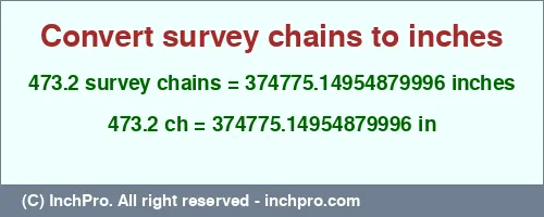 473.2 survey chains to inches is equal to 374775.14954879996 (in) Result converting 473.2 survey chains to inches = 374775.14954879996 inches