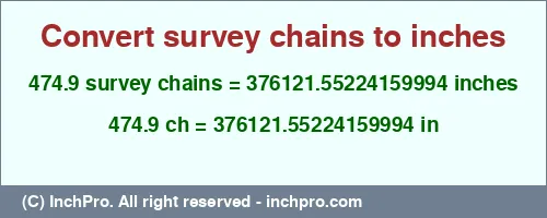 474.9 survey chains to inches is equal to 376121.55224159994 (in) Result converting 474.9 survey chains to inches = 376121.55224159994 inches