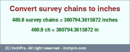 480.8 survey chains to inches is equal to 380794.3615872 (in) Result converting 480.8 survey chains to inches = 380794.3615872 inches